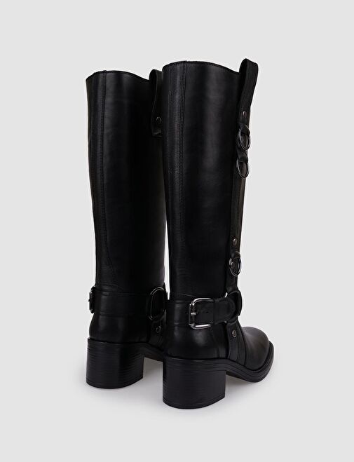 %100 Hakiki Deri Siyah Toka Detaylı Kadın Çizme - Görsel 4