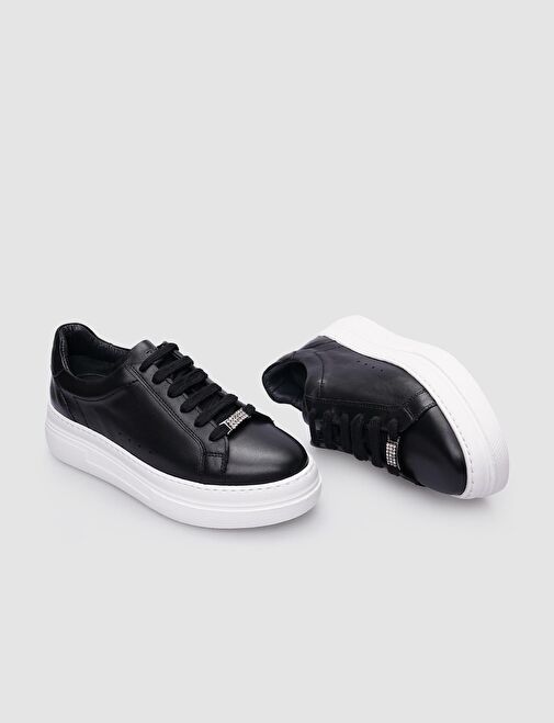 %100 Hakiki Deri Siyah Bağcıklı Kadın Sneaker - Görsel 4