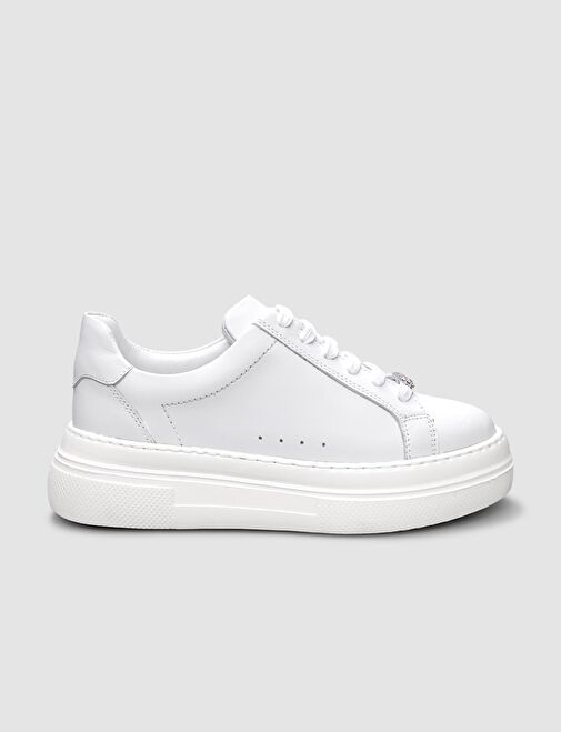 %100 Hakiki Deri Beyaz Bağcıklı Kadın Sneaker - Görsel 2