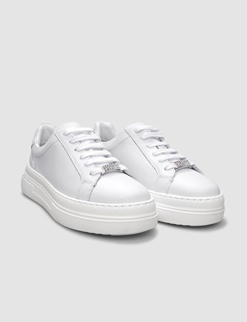 %100 Hakiki Deri Beyaz Bağcıklı Kadın Sneaker - Görsel 3
