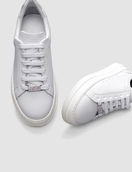 %100 Hakiki Deri Beyaz Bağcıklı Kadın Sneaker - Görsel 5