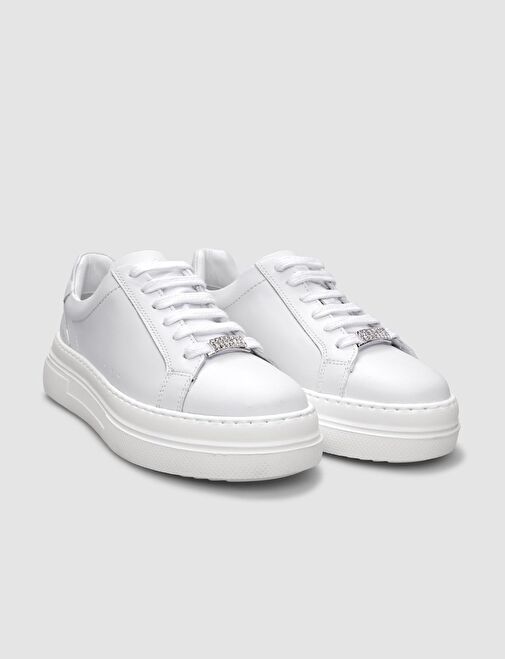 %100 Hakiki Deri Beyaz Bağcıklı Kadın Sneaker - Görsel 3