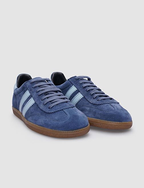 %100 Hakiki Deri Mavi Süet Bağcıklı Kadın Sneaker - Görsel 3