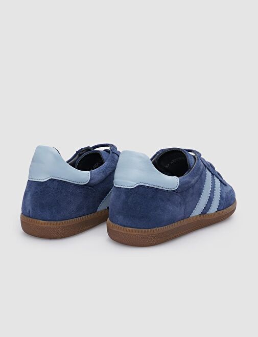%100 Hakiki Deri Mavi Süet Bağcıklı Kadın Sneaker - Görsel 4