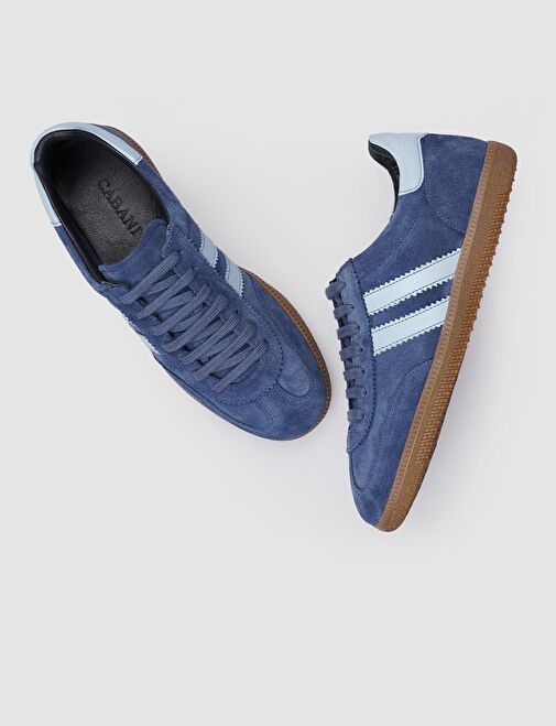 %100 Hakiki Deri Mavi Süet Bağcıklı Kadın Sneaker - Görsel 5