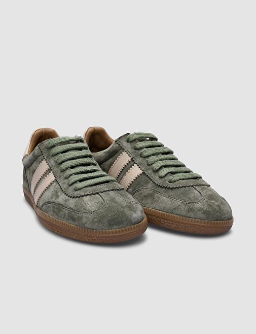 %100 Hakiki Deri Yeşil Süet Kadın Sneaker - Görsel 3
