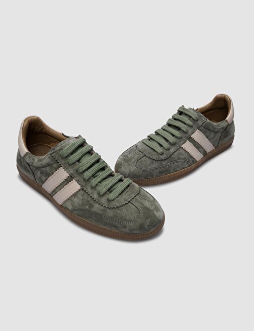 %100 Hakiki Deri Yeşil Süet Kadın Sneaker - Görsel 4