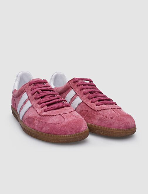 %100 Hakiki Deri Pembe Bağcıklı Kadın Sneaker - Görsel 4