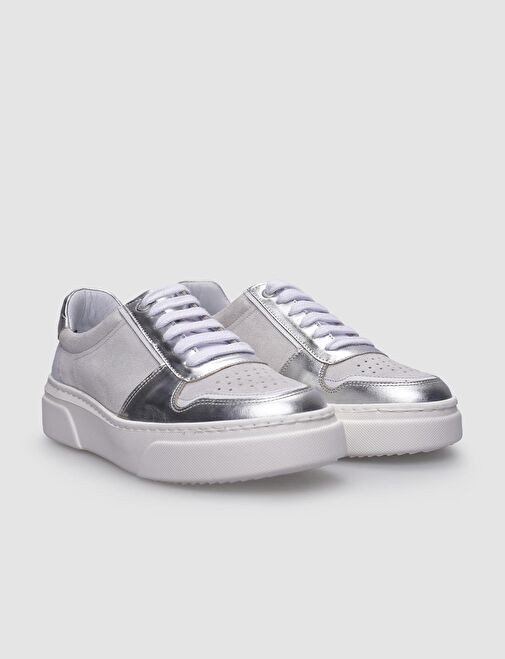 %100 Hakiki Deri Beyaz - Gri Kadın Sneaker - Görsel 3
