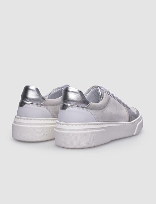 %100 Hakiki Deri Beyaz - Gri Kadın Sneaker - Görsel 4