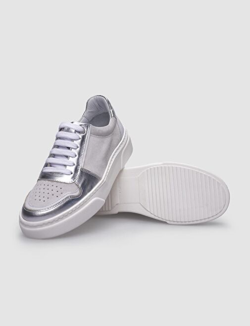 %100 Hakiki Deri Beyaz - Gri Kadın Sneaker - Görsel 5