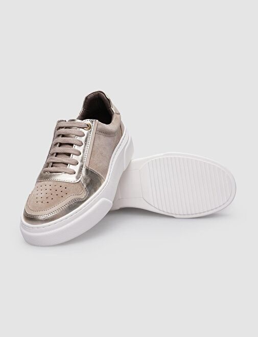 %100 Hakiki Deri Bej Bağcıklı Kadın Sneaker - Görsel 5