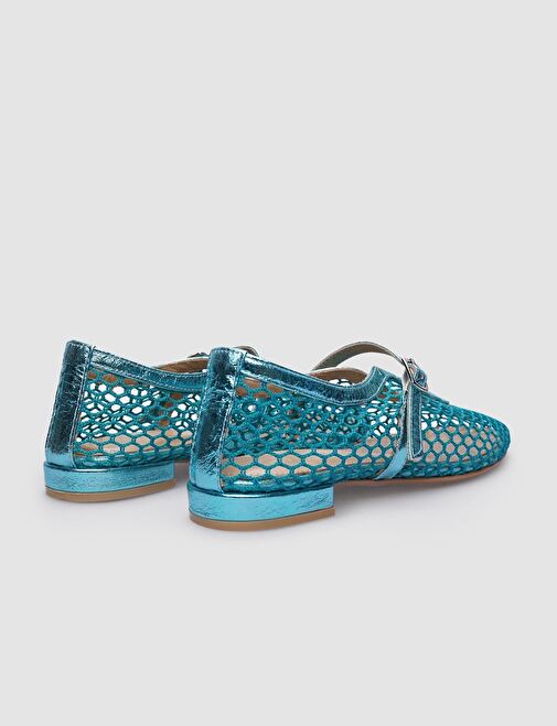 %100 Hakiki Deri Mavi Fileli Toka Detaylı Kadın Babet - Görsel 4