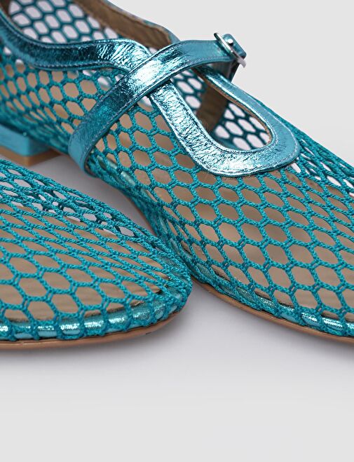 %100 Hakiki Deri Mavi Fileli Toka Detaylı Kadın Babet - Görsel 5