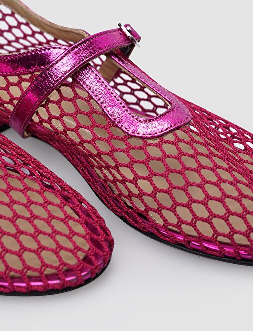 %100 Hakiki Deri Fuşya Fileli Toka Detaylı Kadın Babet - Görsel 5