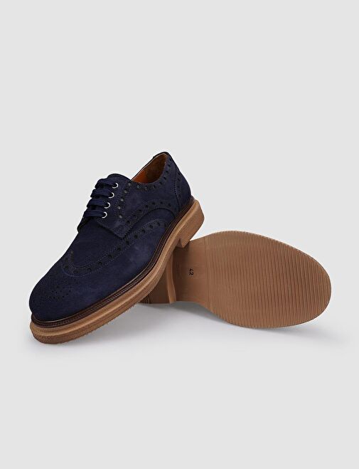 %100 Hakiki Deri Lacivert Süet Bağcıklı Erkek Günlük Ayakkabı - Görsel 5