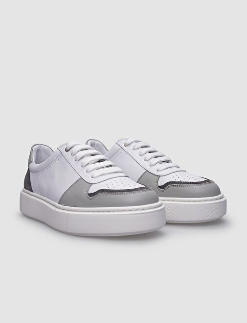%100 Hakiki Deri Beyaz - Gri Erkek Sneaker - Görsel 3