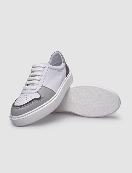 %100 Hakiki Deri Beyaz - Gri Erkek Sneaker - Görsel 5
