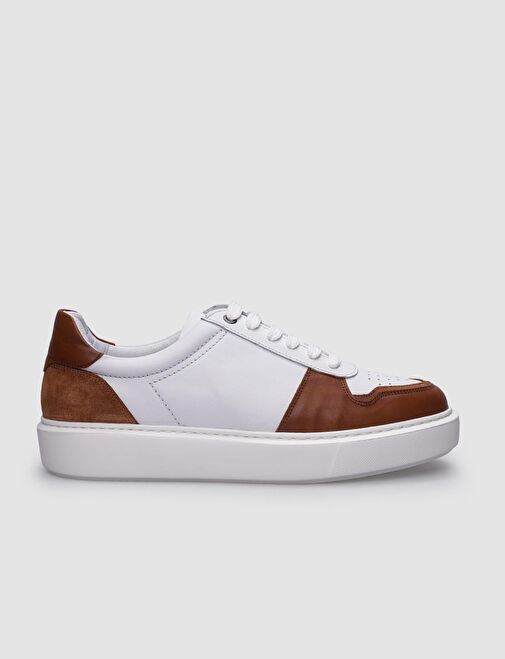 %100 Hakiki Deri Beyaz - Taba Bağcıklı Erkek Sneaker - Görsel 2