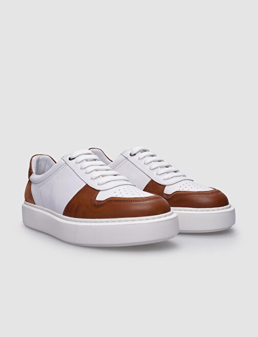%100 Hakiki Deri Beyaz - Taba Bağcıklı Erkek Sneaker - Görsel 3