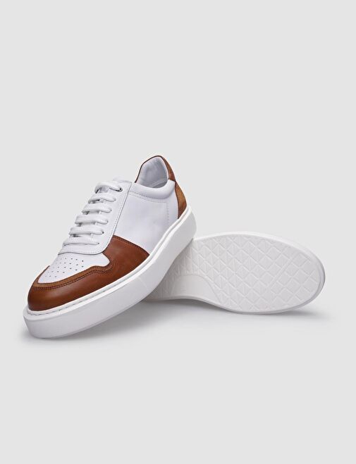%100 Hakiki Deri Beyaz - Taba Bağcıklı Erkek Sneaker - Görsel 5