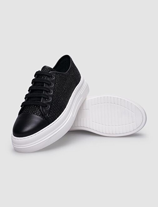 %100 Hakiki Deri Siyah Bağcıklı Kadın Spor Ayakkabı - Görsel 5