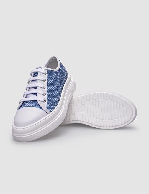 %100 Hakiki Deri Beyaz - Mavi Bağcıklı Kadın Spor Ayakkabı - Görsel 5