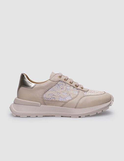 %100 Hakiki Deri Bej Bağcıklı Kadın Spor Ayakkabı - Görsel 2