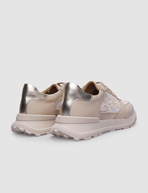 %100 Hakiki Deri Bej Bağcıklı Kadın Spor Ayakkabı - Görsel 4