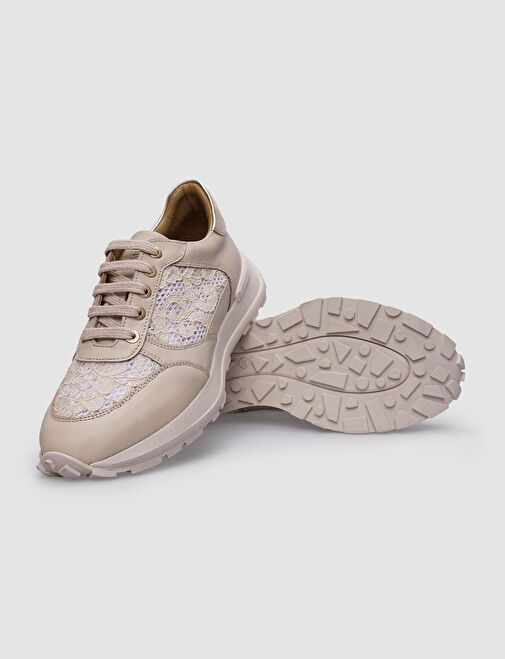 %100 Hakiki Deri Bej Bağcıklı Kadın Spor Ayakkabı - Görsel 5
