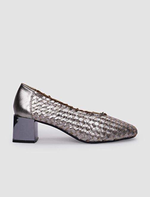 %100 Hakiki Deri Antrasit Kadın Kalın Topuklu Ayakkabı - Görsel 2