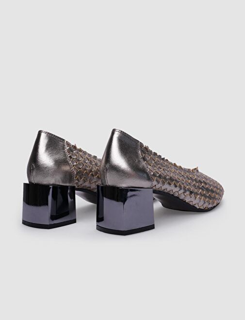 %100 Hakiki Deri Antrasit Kadın Kalın Topuklu Ayakkabı - Görsel 4