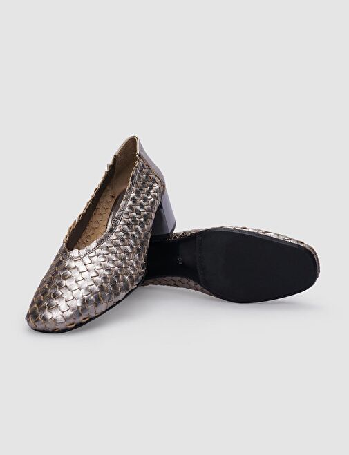 %100 Hakiki Deri Antrasit Kadın Kalın Topuklu Ayakkabı - Görsel 5