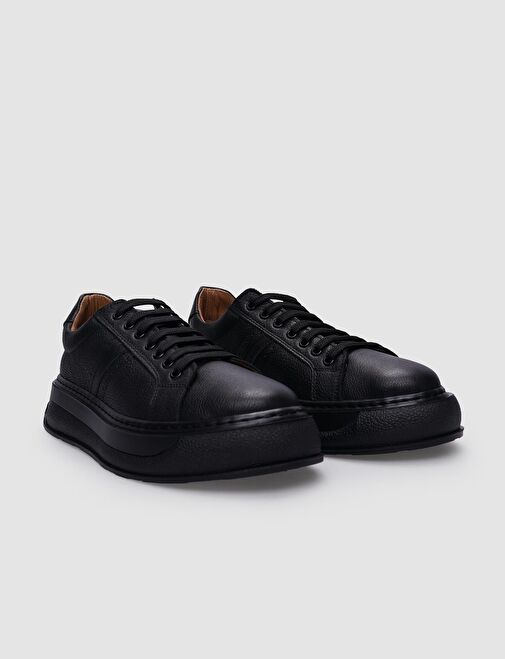 %100 Hakiki Deri Siyah Bağcıklı Kadın Spor Ayakkabı - Görsel 3