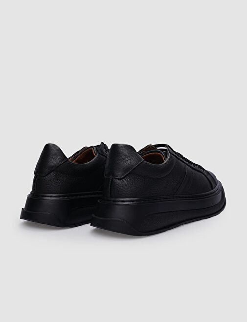 %100 Hakiki Deri Siyah Bağcıklı Kadın Spor Ayakkabı - Görsel 4