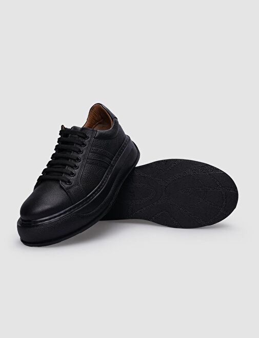 %100 Hakiki Deri Siyah Bağcıklı Kadın Spor Ayakkabı - Görsel 5