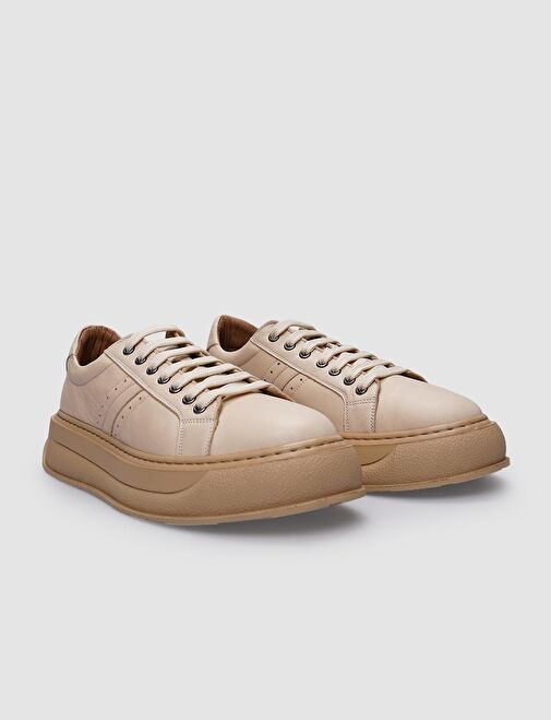 %100 Hakiki Deri Bej Bağcıklı Kadın Spor Ayakkabı - Görsel 3