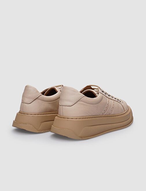 %100 Hakiki Deri Bej Bağcıklı Kadın Spor Ayakkabı - Görsel 4