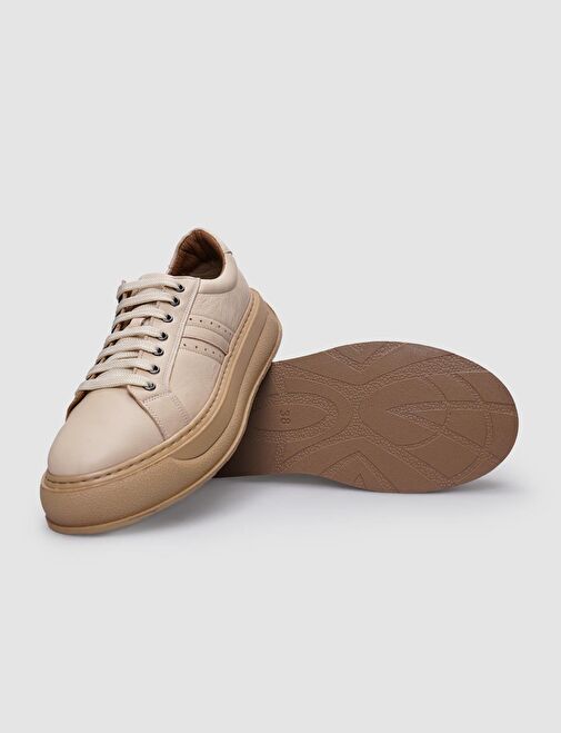 %100 Hakiki Deri Bej Bağcıklı Kadın Spor Ayakkabı - Görsel 5