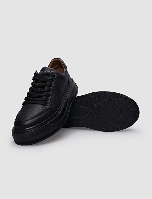 %100 Hakiki Deri Siyah Bağcıklı Kadın Spor Ayakkabı - Görsel 5