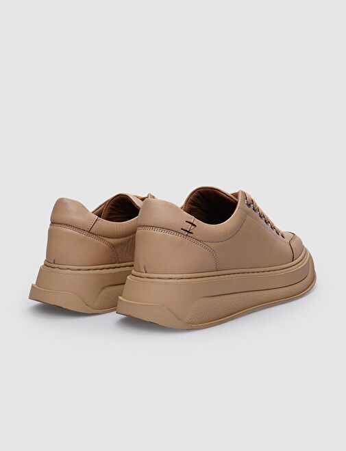 %100 Hakiki Deri Bej Bağcıklı Kadın Spor Ayakkabı - Görsel 4