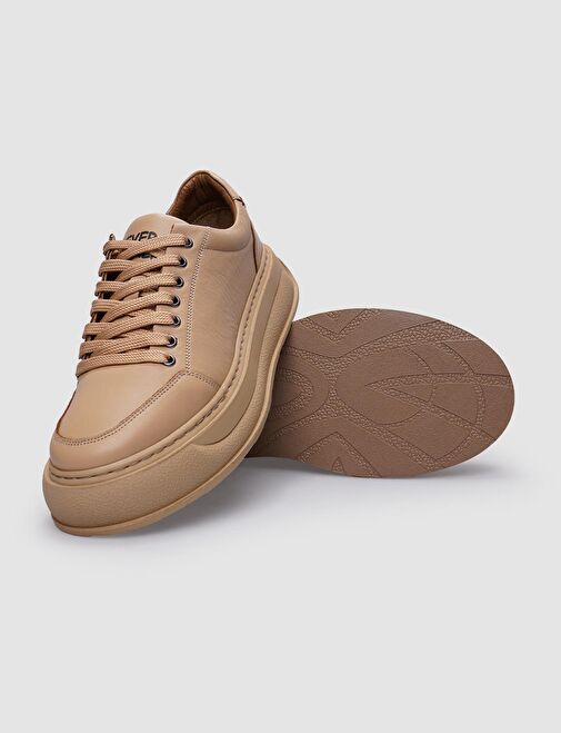 %100 Hakiki Deri Bej Bağcıklı Kadın Spor Ayakkabı - Görsel 5