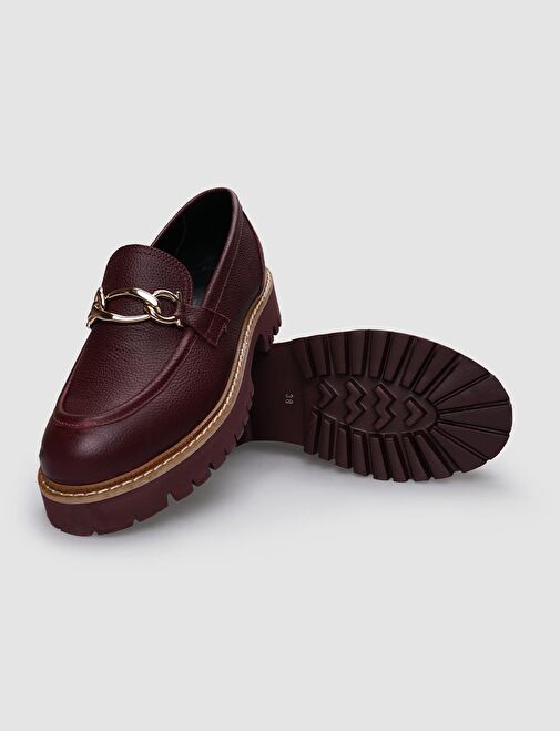 %100 Hakiki Deri Bordo Tokalı Kadın Günlük Ayakkabı - Görsel 5