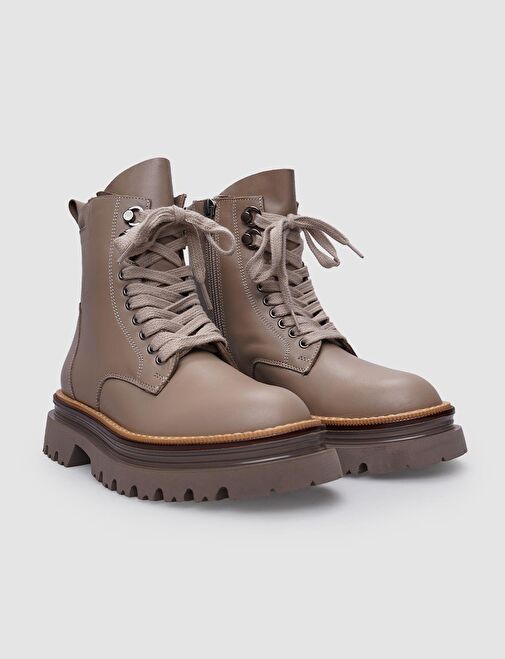 %100 Hakiki Deri Vizon Fermuarlı - Bağcıklı Kadın Bot - Görsel 3