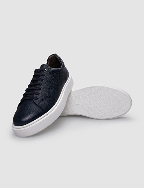 %100 Hakiki Deri Lacivert Bağcıklı Erkek Spor Ayakkabı - Görsel 5