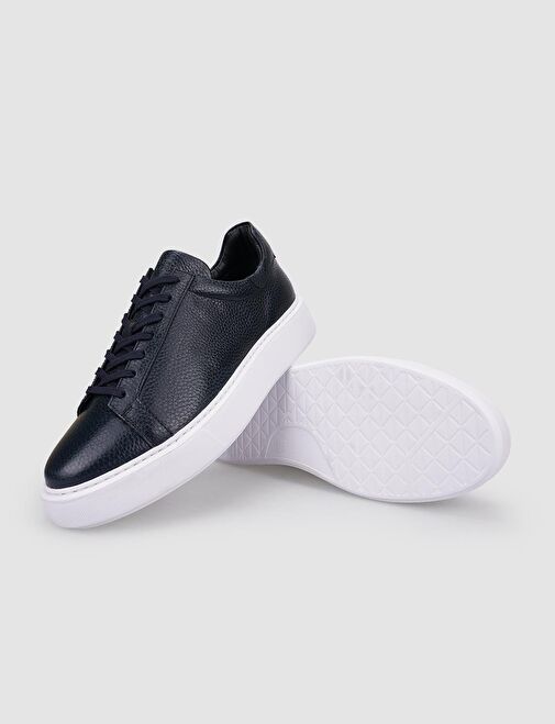 %100 Hakiki Deri Lacivert Bağcıklı Erkek Spor Ayakkabı - Görsel 5