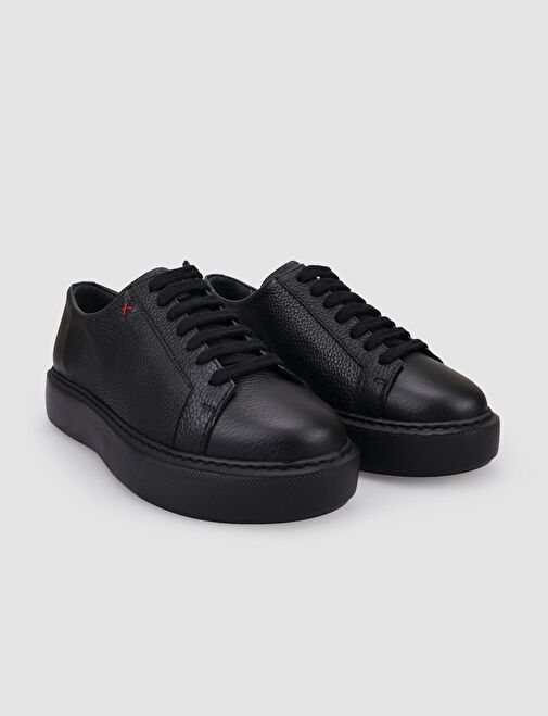 %100 Hakiki Deri Siyah Bağcıklı Kadın Spor Ayakkabı - Görsel 3