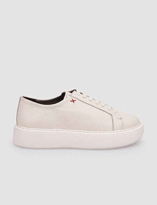 %100 Hakiki Deri Bej Bağcıklı Kadın Spor Ayakkabı - Görsel 2