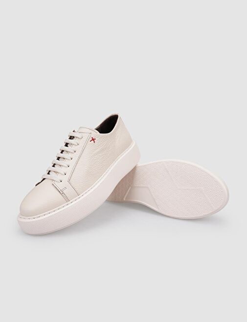 %100 Hakiki Deri Bej Bağcıklı Kadın Spor Ayakkabı - Görsel 5