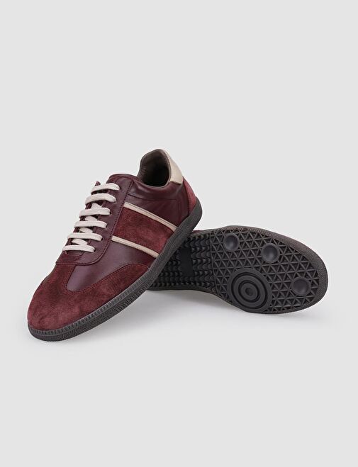 %100 Hakiki Deri Bordo Süet Bağcıklı Kadın Sneaker - Görsel 5